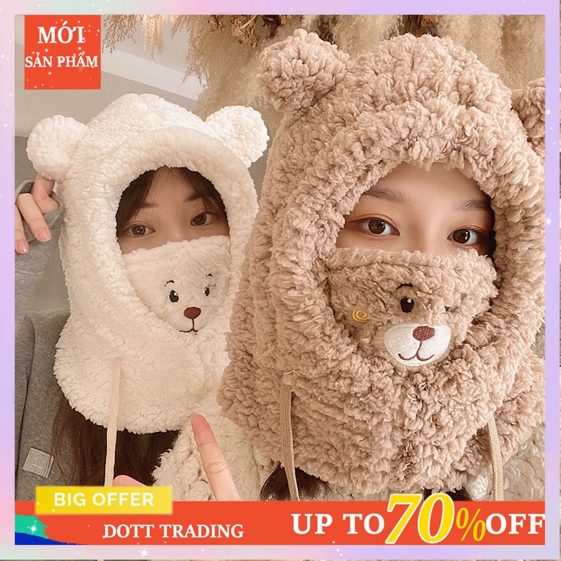 Mũ trùm đầu kèm khẩu trang hình gấu bông dễ thương cho nữ