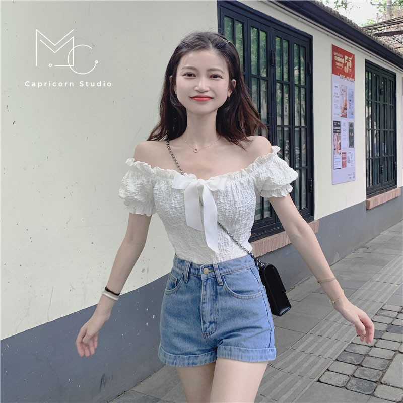 Áo trễ vai bèo nhún có nơ dễ thương phong cách Ulzzang Hàn Quốc [MinC.Studio - MCAT010]