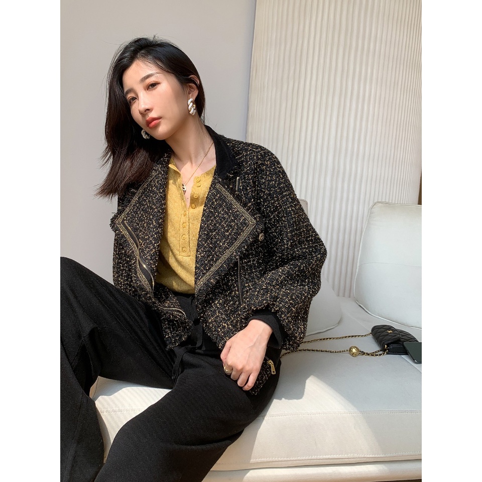 Áo khoác cao cấp dáng ngắn bo gấu cổ vest thời trang sang chảnh phong cách hàn trẻ trung sành điệu. hàng QC KCC1185