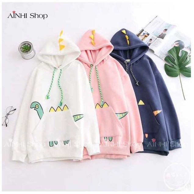 Áo Hoodie ❤️FREESHIP❤️ Unisex Nam Nữ Kiểu Dáng Sweater, Chất Nỉ Bông Cao Cấp Có Nón Chui Đầu Hình Khủng Long Xanh