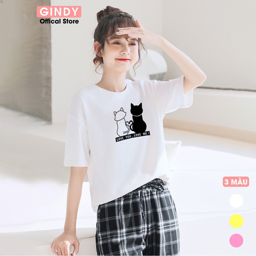 Áo phông cổ tròn nữ dáng unisex GINDY COUPLE CAT basic tay lỡ in hình chất  thun lạnh co giãn 4 chiều A068