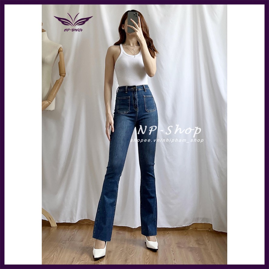 Quần jean ống loe NPSHOP lưng cao túi vuông cắt lai , quần bò nữ cạp cao loe nhẹ dài sang chảnh | BigBuy360 - bigbuy360.vn