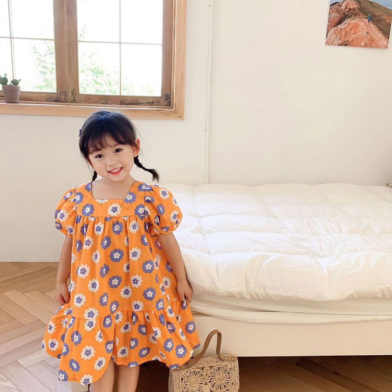 Đầm Công Chúa Dáng Rộng Cổ Vuông Kiểu Hàn Quốc Thời Trang Mùa Hè Cho Bé Gái