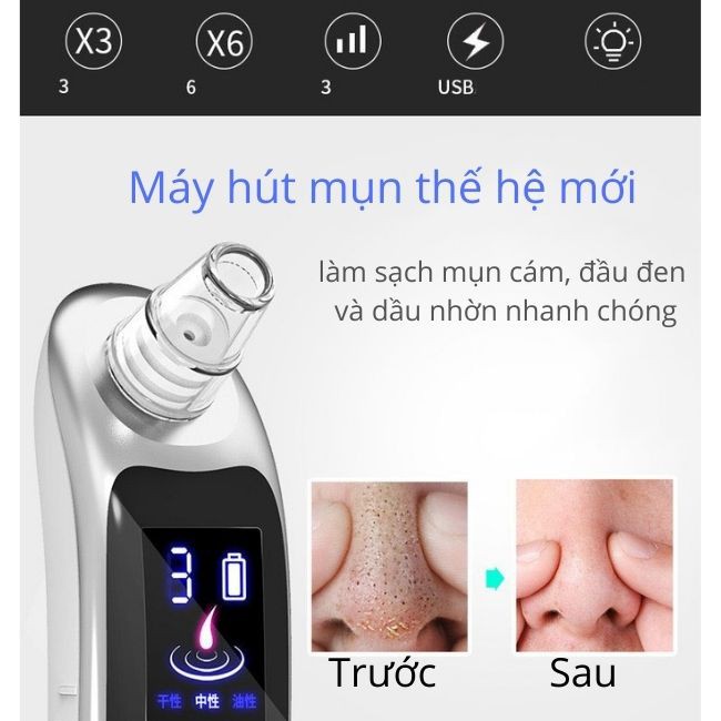 [Mẫu Cao Cấp] Máy Hút Mụn Cám, Đầu Đen Cầm Tay Mini Hanna120 Cao Cấp Màn Hình LED 3 Chế Độ 6 Đầu Hút