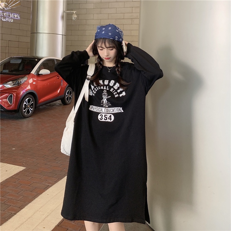 SUXI Đầm Midi Cổ Tròn Tay Dài Dáng Rộng In Chữ Thời Trang Xuân Thu Xinh Xắn Cho Nữ