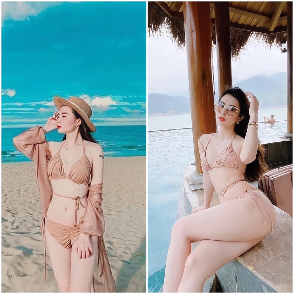 Bikini đồ bơi nữ cao đi biển Set 3 kèm áo choàng tam giác khoen tròn S05