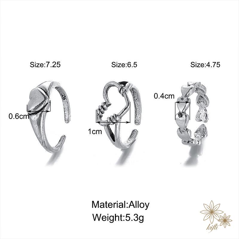 Bộ 3 Nhẫn Hở Màu Bạc Hình Trái Tim Phong Cách Gothic Cổ Điển Có Thể Điều Chỉnh Cho Nữ