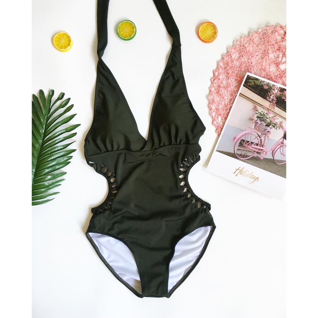 Bikini cặp xanh rêu cut-out phối ziczac