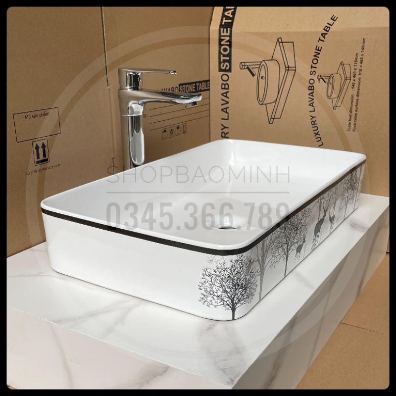 Lavabo chữ nhật đặt bàn hoa văn cao cấp (KT 62x33cm)