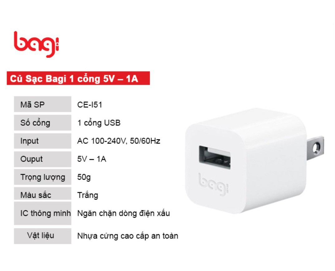 Củ sạc Bagi CE-I51 5V-1A Dùng cho Tất loại điện thoại