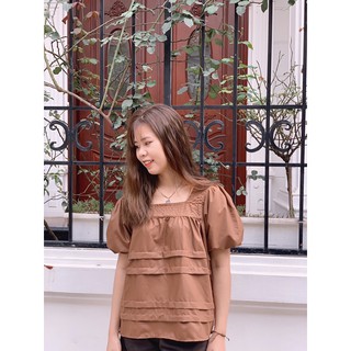 Áo babydoll tay bồng nâu tây cổ vuông cực xinh