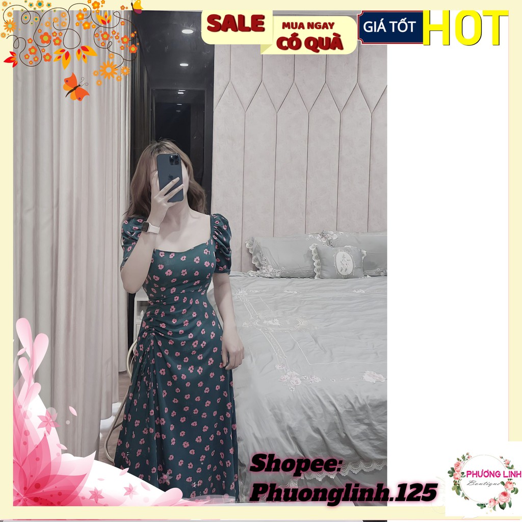 [Mã FAGREEN1505 giảm tới 30K đơn 99K] VÁY XANH HOA HỒNG DÚT SƯỜN CÚP NGỰC | BigBuy360 - bigbuy360.vn