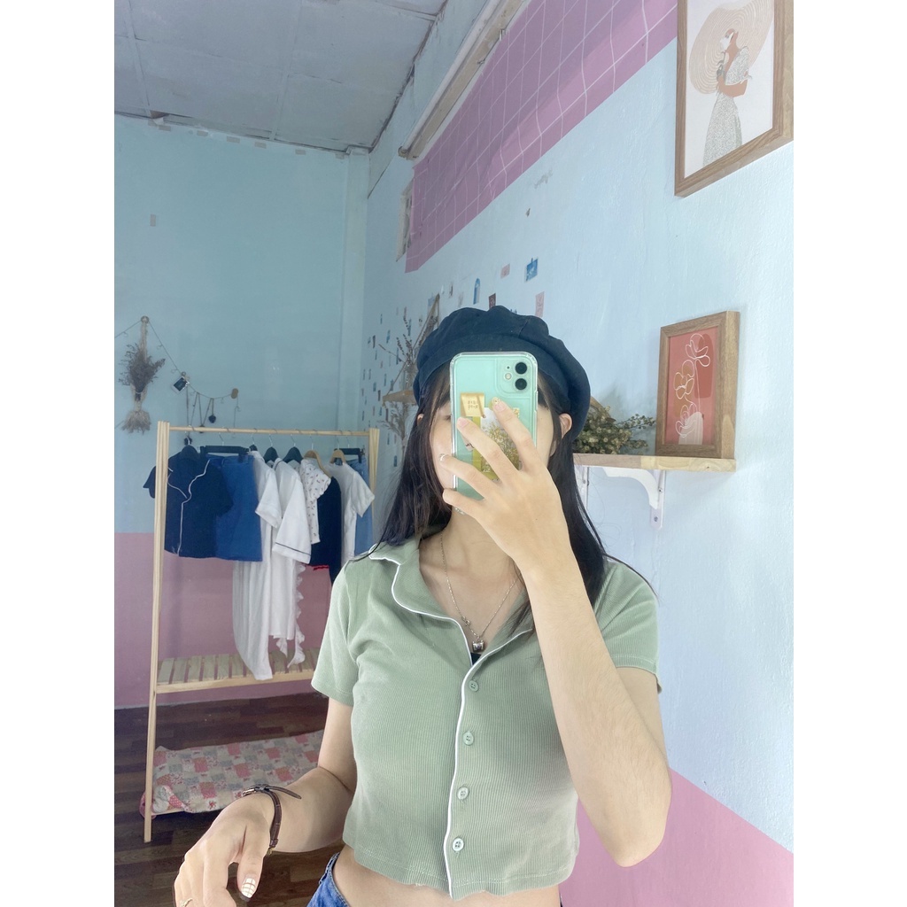 Áo croptop ôm tay ngắn có cổ - áo crt có cổ chất thun gân phối viền - A092