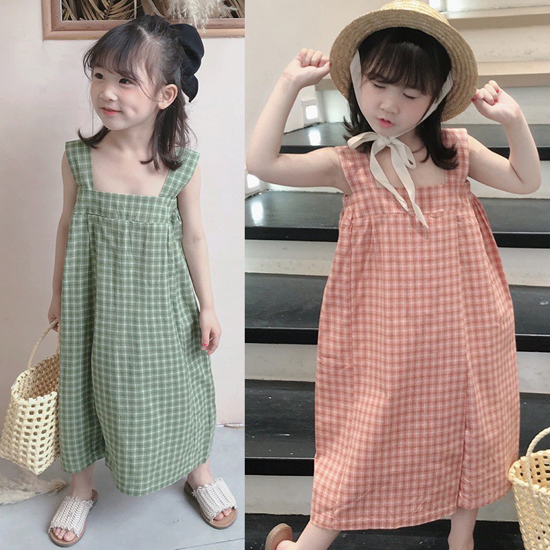 Áo liền quần hai dây họa tiết sọc caro phong cách Hàn Quốc thời trang mùa hè cho bé gái