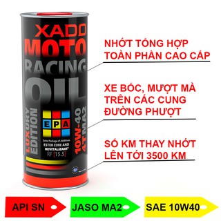 Nhớt Xe Máy tổng hợp toàn phần Xado Moto Racing OIL JASO MA2 - API SN - SAE 10W40 - 1 Lít