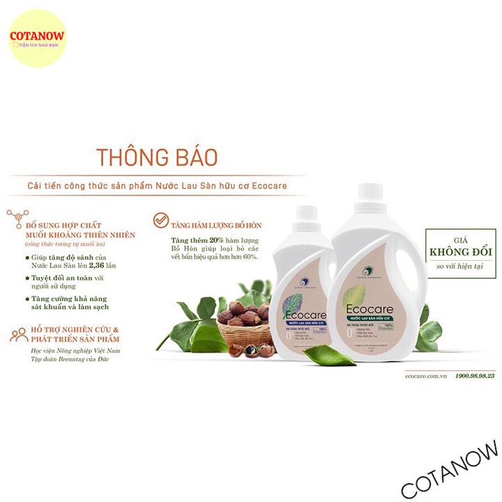 Nước Lau Sàn Hữu Cơ Bồ Hòn Ecocare 1 lít Sả Chanh Đuổi Muỗi Chống Trơn Sàn COTANOW