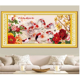 [MN0019] Tranh thêu chữ thập thêu kín Cửu ngư quần hội khổ lớn 1m97x86cm