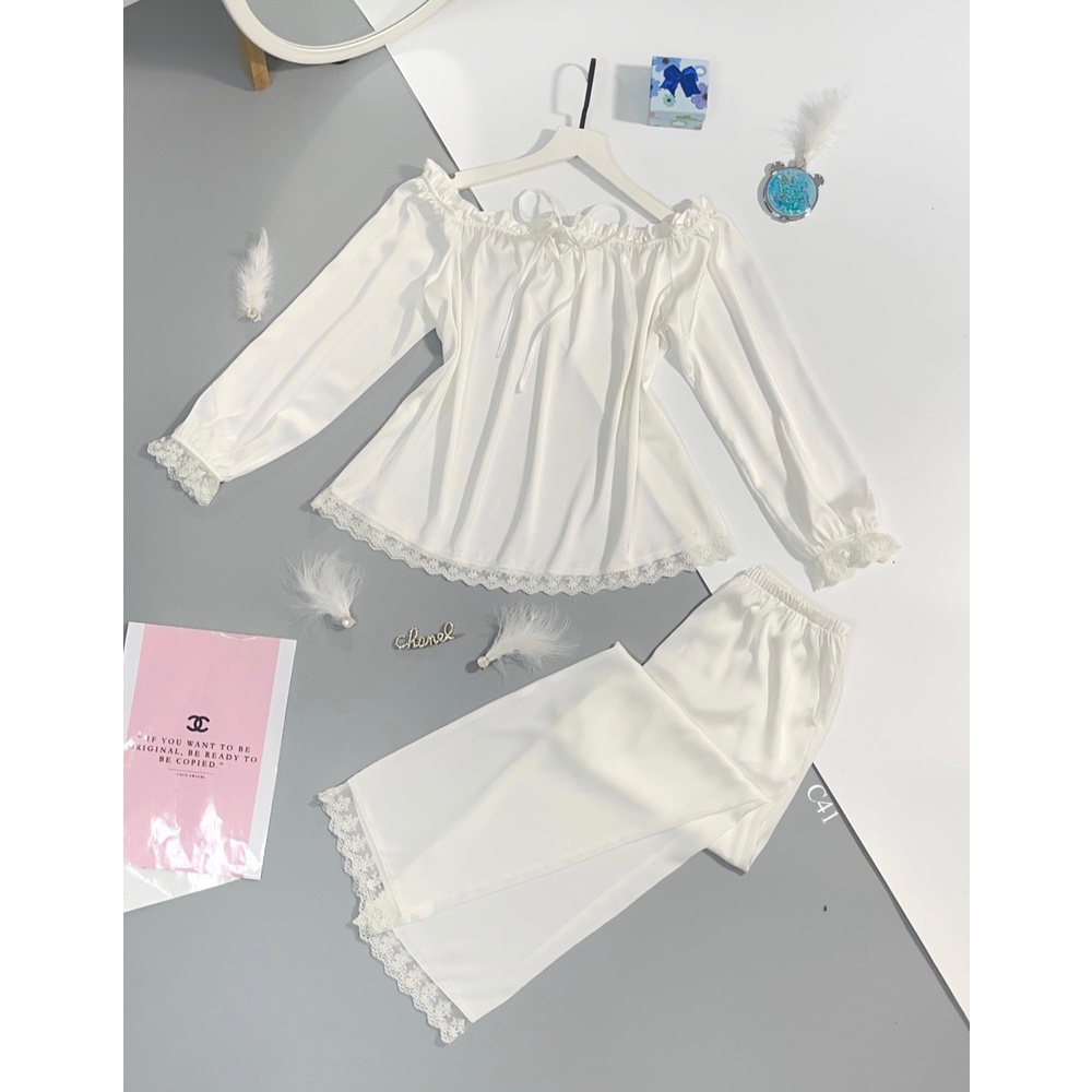 (Freeship 50K) Bộ Lụa Mặc Nhà Cao Cấp Tay Dài Bẹt Vai Phối Ren Tiểu Thư Vải Lụa Latin Siêu Mềm Freesize Dưới 60kg
