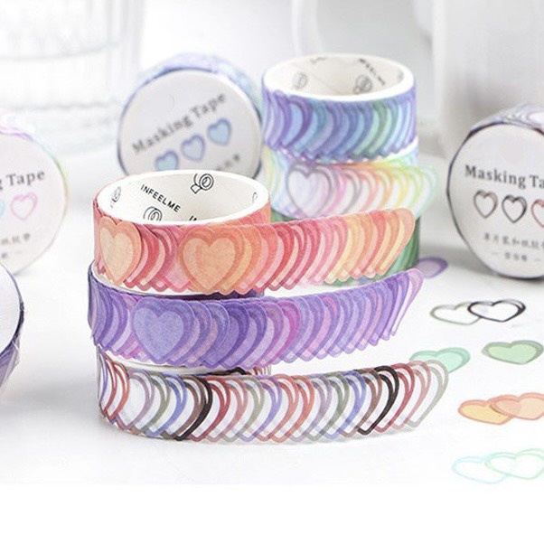 Sticker Washi trái tim, hình tròn màu nước dễ thương