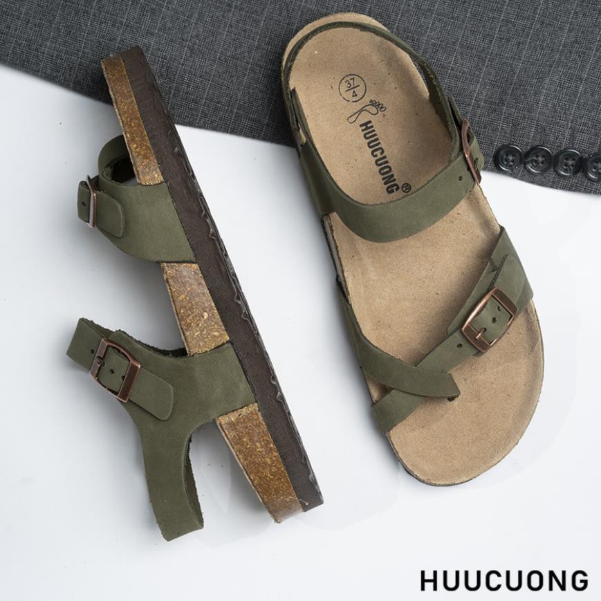 Giày Sandal Xỏ Ngón HUUCUONG Quai Da Thật Màu Xanh Rêu Đế Trấu