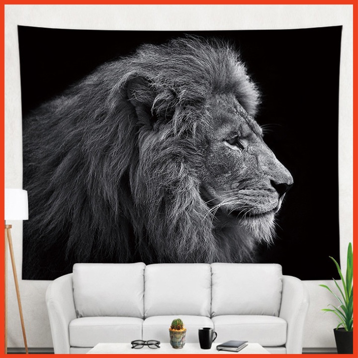 [TẶNG KÈM ĐÈN NHÁY VÀ MÓC TREO] Tranh vải trang trí - Thảm vải treo tường hình sư tử trắng đen phong cách thời thượng