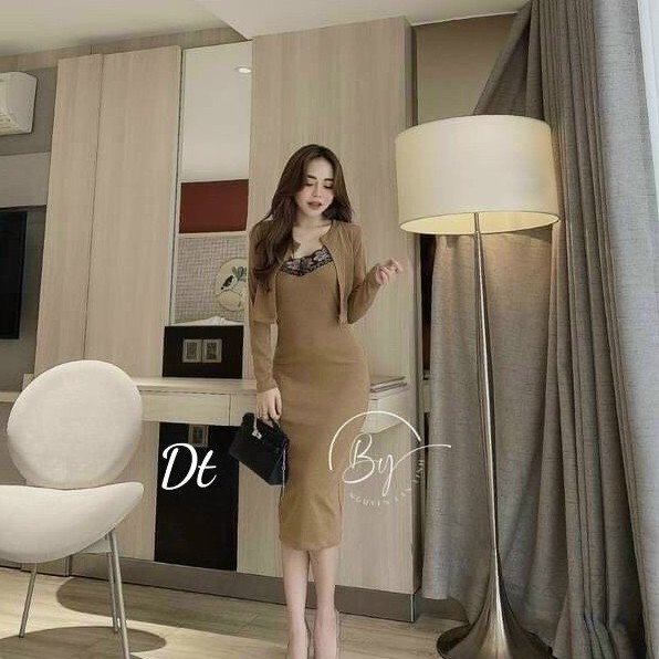 Đầm Nữ Hai Dây Ôm BODY Cổ Phối Ren Kèm Aó khoác