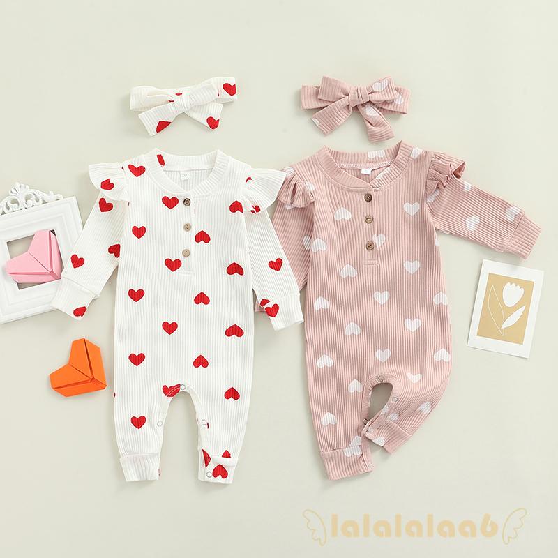 Áo liền quần dài tay cổ tròn in hình trái tim kèm băng đô thắt nơ màu hồng/trắng cho bé gái LAA6