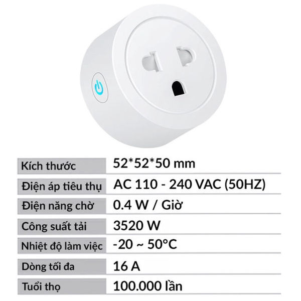 Ổ CẮM THÔNG MINH WIFI HẸN GIỜ TUYA 2200W 2 CHÂN DẸT PHÍA SAU
