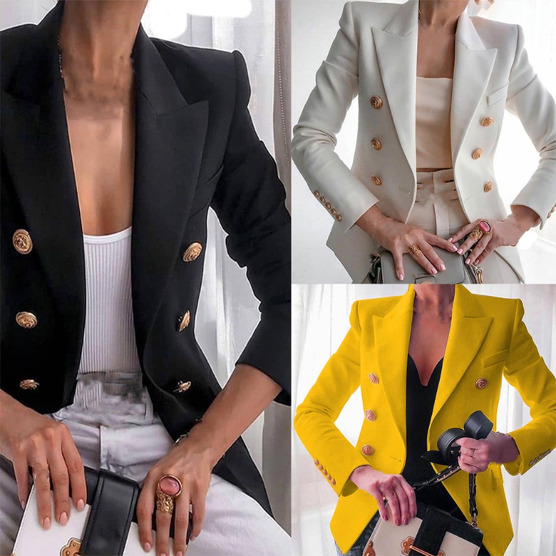 Xiangbao Áo Khoác Blazer Dài Tay Ôm Dáng Hai Hàng Nút Cài Màu Trơn Cổ Điển Có Túi Cho Nữ