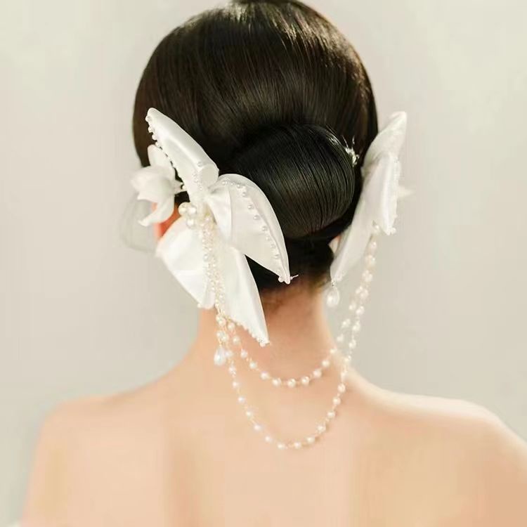 Kẹp Tóc Hình Nơ Đính Ngọc Trai Giả Bằng Satin Màu Trắng Dành Cho Cô Dâu