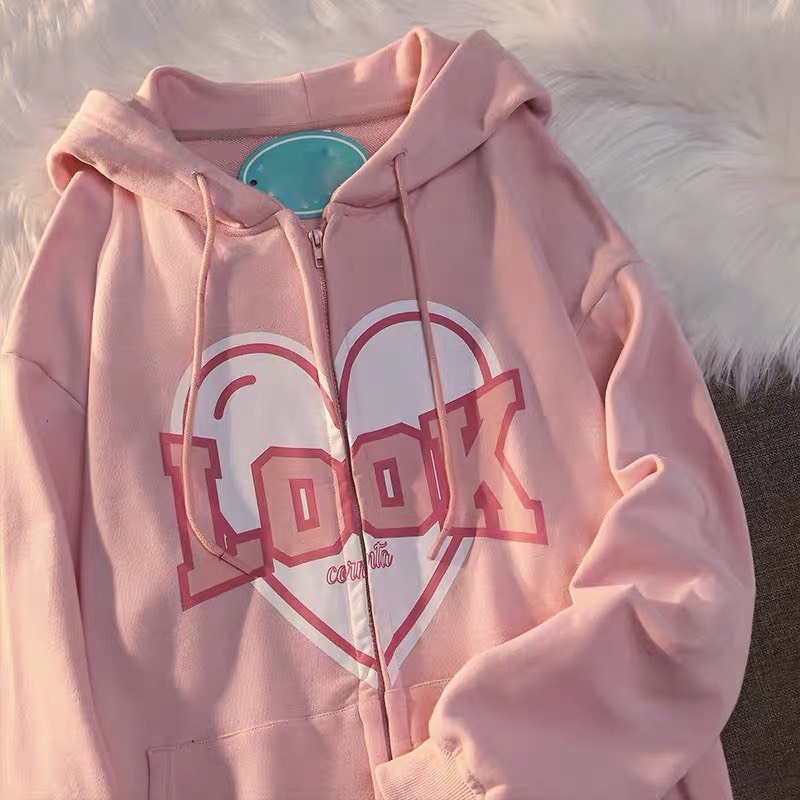 Áo Khoác Nỉ Hồng Look Khóa Kéo Áo Khoác Nỉ Ngoại Mềm Mịn Form Rộng Unisex