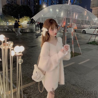 Áo len tay dài cổ chữ V dáng rộng màu trơn thời trang mùa đông cho nữ