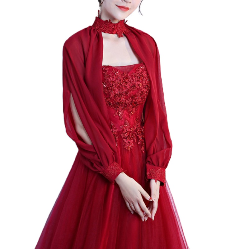 Xiangbao Áo Choàng Voan Tay Dài Xẻ Tà Cổ Yếm Phối Ren Phía Trước Cho Cô Dâu Ja