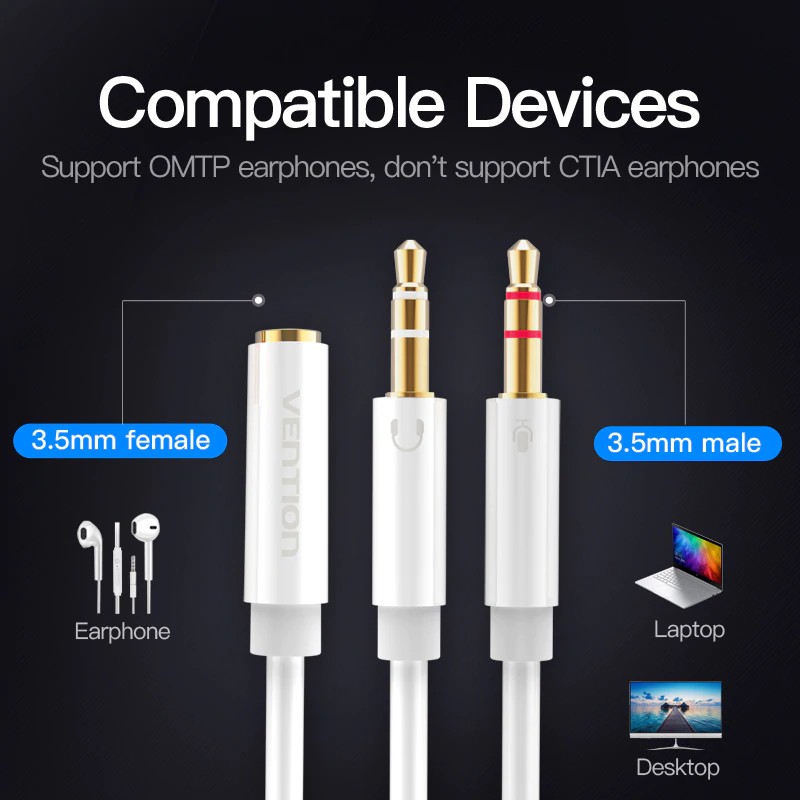Cáp chuyển đổi jack âm thanh tai nghe sang cổng âm thanh và micro 3.5mm cho máy tính
