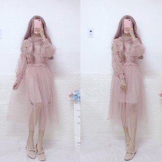 [order- ảnh thật] Đầm ulzzang công chúa phối ren hoa tay lưới bồng - u.w