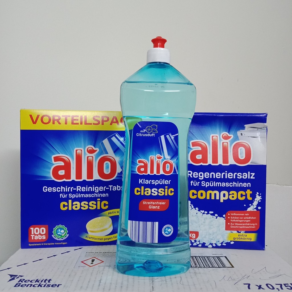 Combo Muối rửa bát Alio 2kg+100 Viên Alio+1000ml Nước làm bóng Alio hàng đức