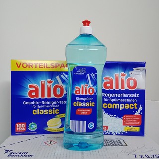 Combo Muối rửa bát Alio 2kg+100 Viên Alio+1000ml Nước làm bóng Alio hàng