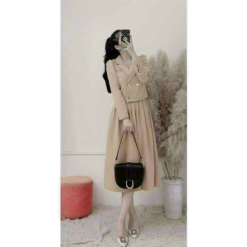 Đầm nữ thời trang mặc đi chơi chất for hai dây váy maxi xếp ly kèm áo khoác vest tay dài nút trước