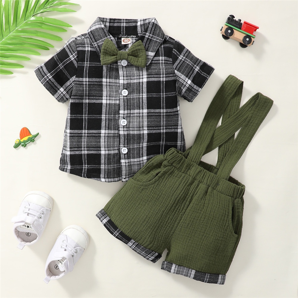 Set đồ 2 món MIKRDOO áo sơ mi tay ngắn cổ thắt nơ họa tiết ca rô và quần đùi yếm thời trang mùa hè cho bé trai sơ sinh