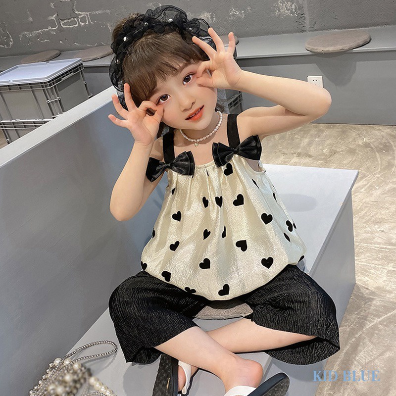 Bộ Áo Đính Nơ Đen + Quần Ống Rộng Thời Trang Mùa Hè Hàn Quốc Cho Bé Gái