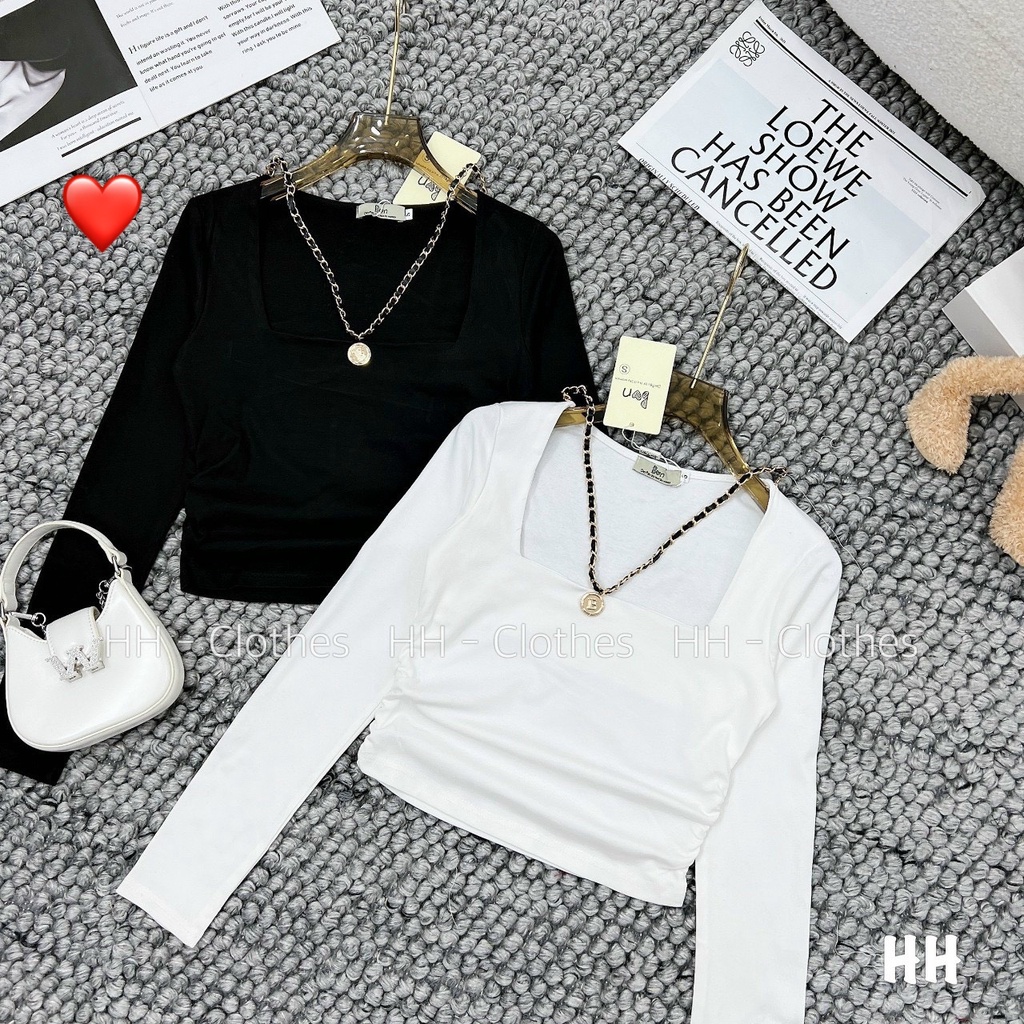 Áo thun kiểu nữ cổ vuông tay dài phối dây xích hot