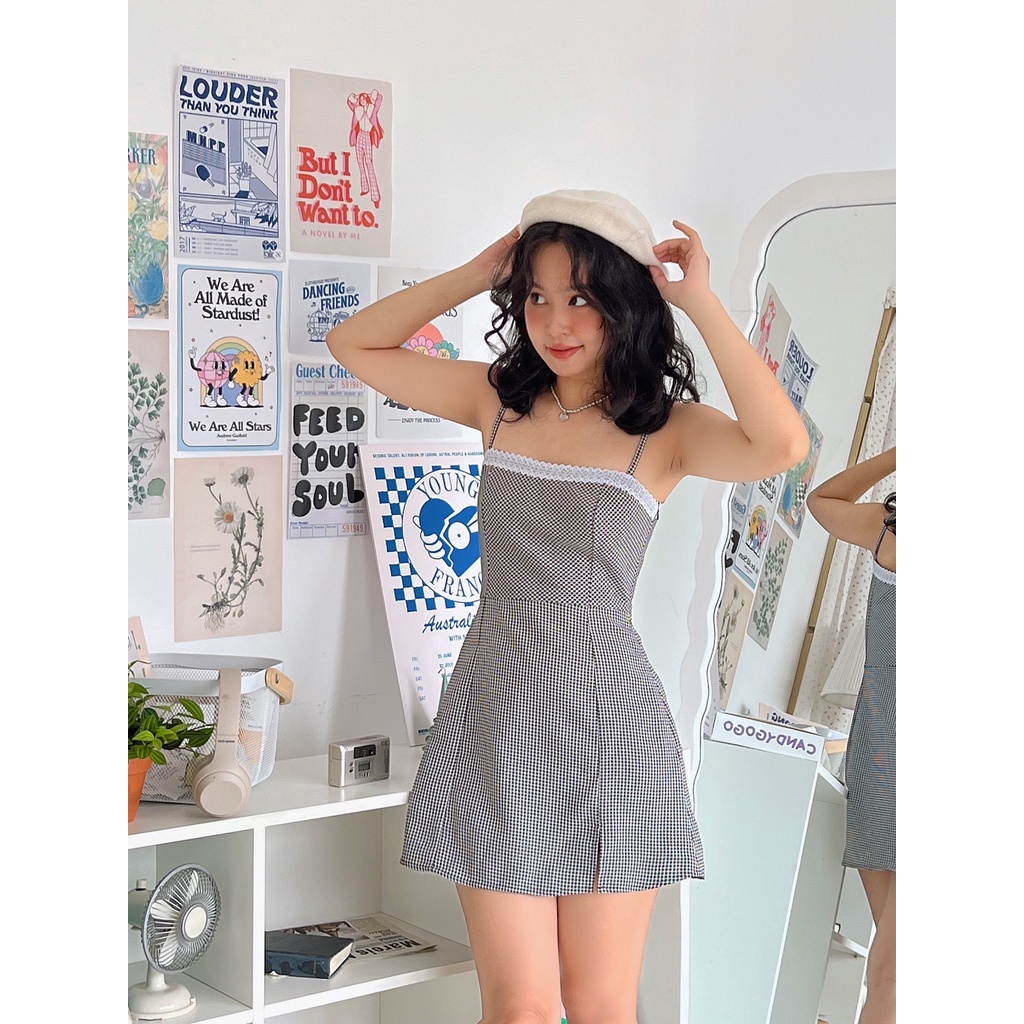 Váy hai dây ôm kẻ caro phối ren Naked by V - Chasey Dress