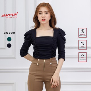Áo thun tay lỡ bồng nữ CRAZYTEEN cổ vuông nhún ngực AT0001