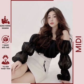 Áo trễ vay tay bèo chun co giãn Midi Shop, áo trễ vai tay bồng tiểu thư