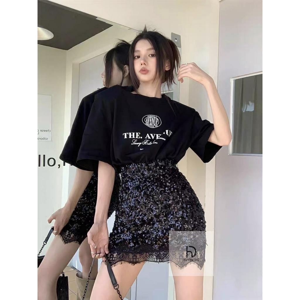 Set áo phông mix chân váy kim sa viền ren BN611