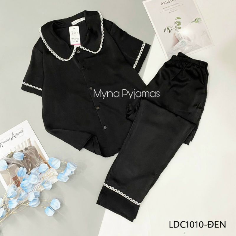 Bộ Pyjama Tay Cộc Quần Dài Viền Ren - Hàng thiết kế có size