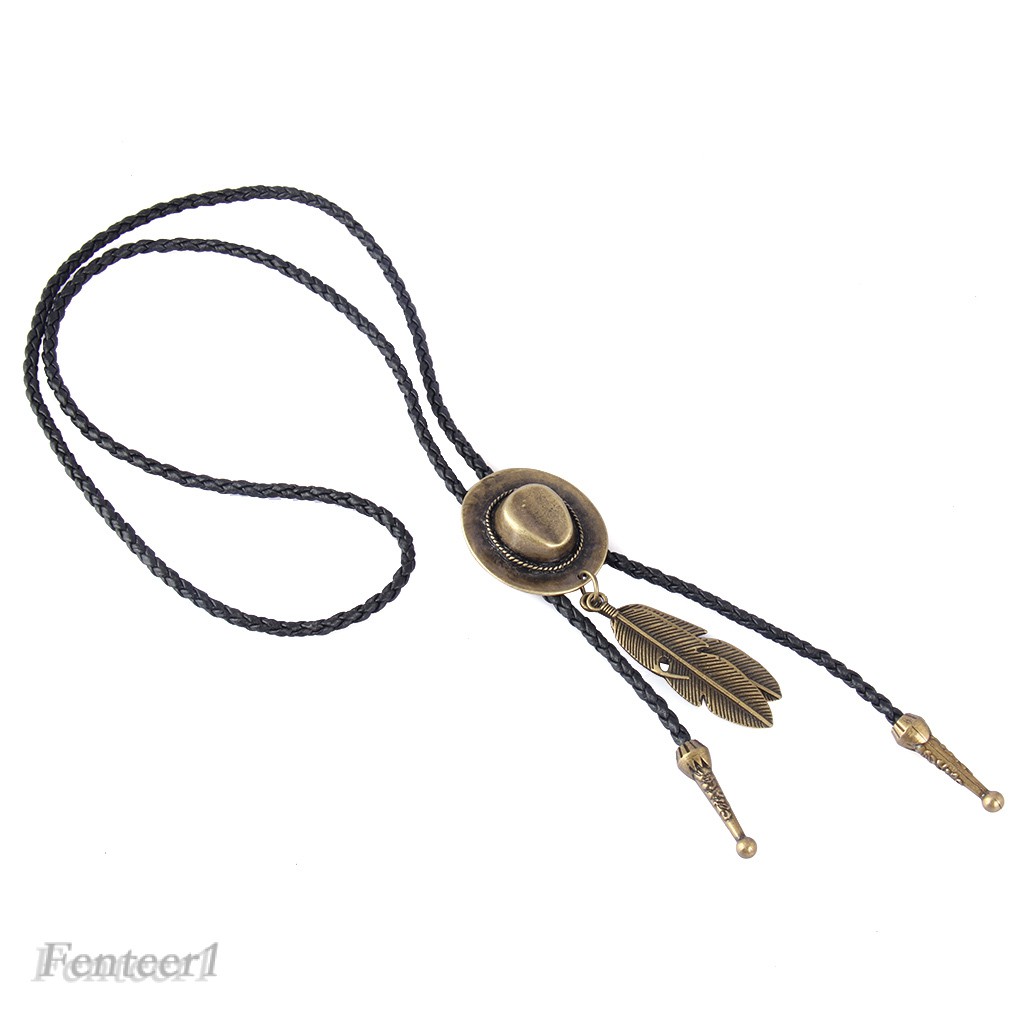 [FENTEER1] Western Cowboy Rodeo Bolo Tie Hat and Feather Pendant Black PU Rope Necktie