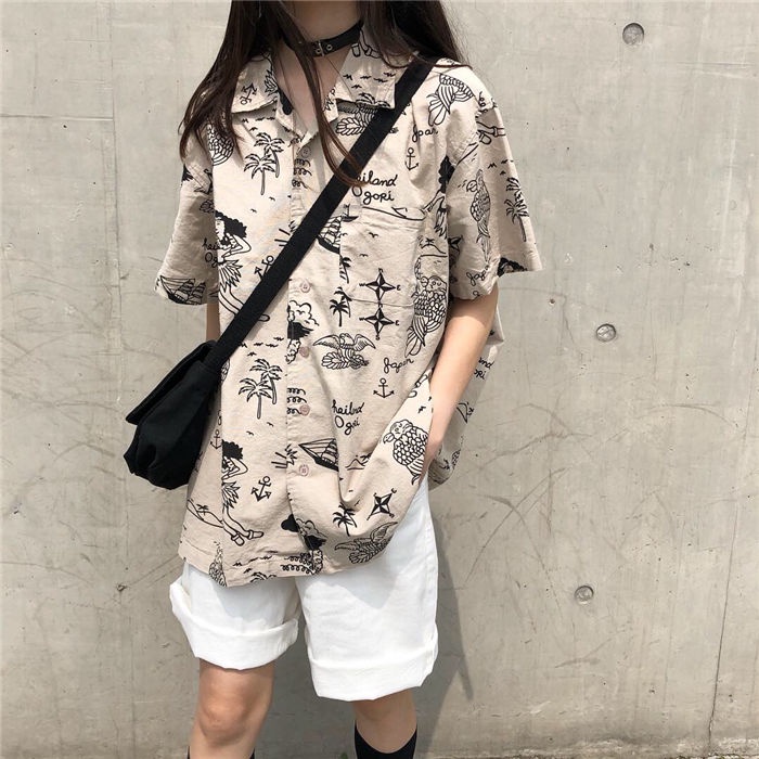 COZOK Áo Sơ Mi Ngắn Tay Cổ Bẻ Form Rộng Phong Cách retro Hàn Quốc