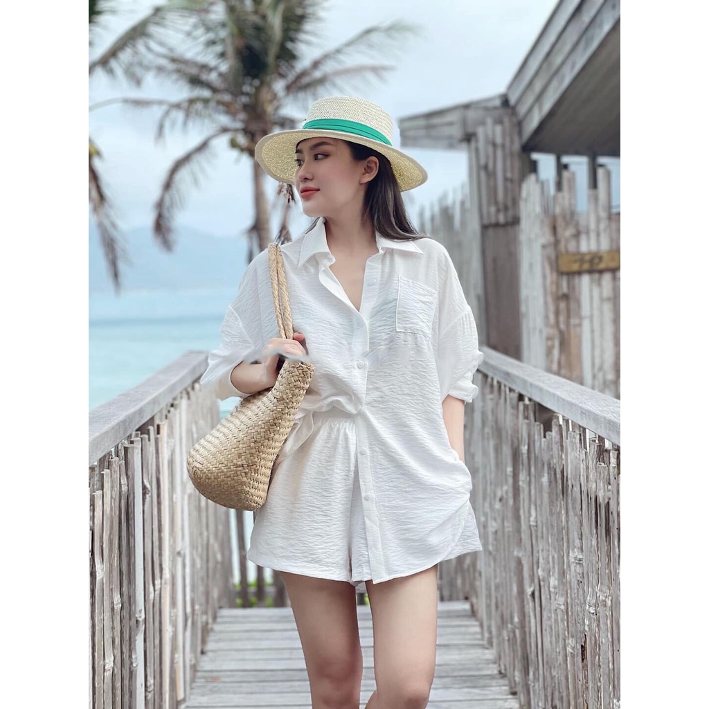 SET ĐŨI ÁO SƠ MI FORM DÀI + QUẦN SHORT FULL MÀU ĐI BIỂN, DU LỊCH