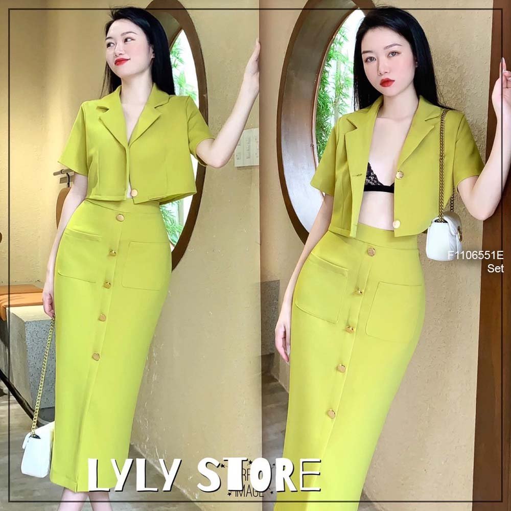 Set áo vest croptop tay con+ chân váy nút ôm dáng dài!